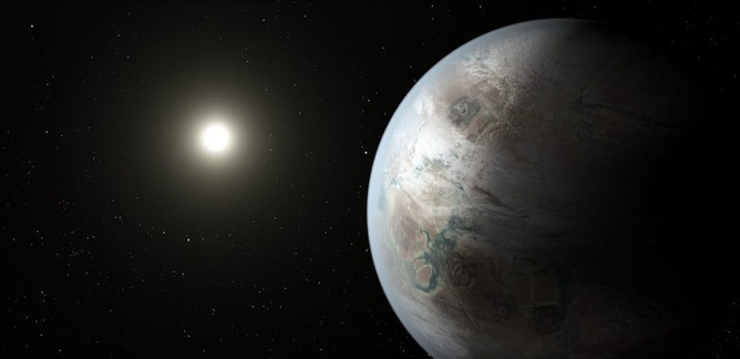 epa04858114 A handout released by NASA on 23 July 2015 shows an artists concept of the exoplanet Kepler-452b, which is newly discovered by Nasa's Keppler mission. Kepler-452b is the smallest planet to date discovered orbiting in the habitable zone, the area around a star where liquid water could pool on the surface of an orbiting planet, of a G2-type star, like our sun. The confirmation of Kepler-452b brings the total number of confirmed planets to 1,030. The Kepler-452 system is located 1,400 light-years away from Earth in the constellation Cygnus. While Kepler-452b is 60 percent larger than Earth, its 385-day orbit is only five percent longer. The planet is five percent farther from its parent star Kepler-452 than Earth is from the Sun. Kepler-452 is six billion years old, 1.5 billion years older than our sun, has the same temperature, and is 20 percent brighter and has a diameter ten percent larger. EPA/NASA/JPL-Caltech/T. Pyle HANDOUT EDITORIAL USE ONLY