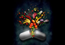 Sağlıklı yaşam belgeli için ilaç kapsülün içerisinden çıkan meyve ve sebzeler