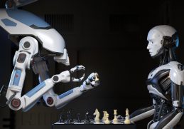 karşılıklı satranç oynayan iki robot