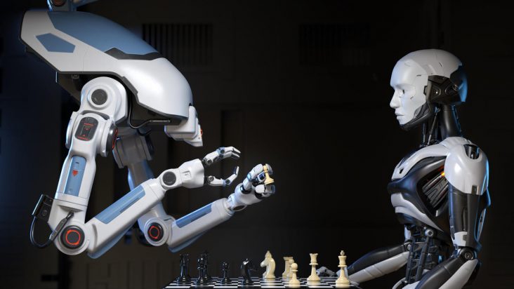 karşılıklı satranç oynayan iki robot